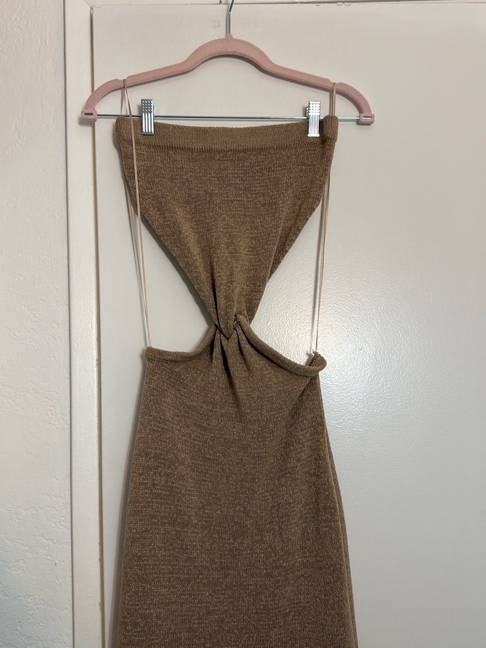 Sleeveless Twist-Front Knit Dress in Brown